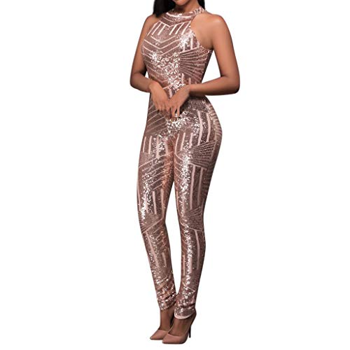 Wyxhkj Verano Mujer Mono Largo De Fiesta O-Cuello Sin Mangas Lentejuelas Mamelucos Sueltos Casuales (L, Rosa)