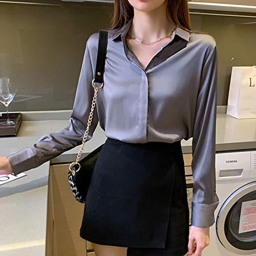 X-xyA Blusa de satén de Seda para Mujer Nueva Primavera Suelta Manga Larga Camisa de satén,Gris,M