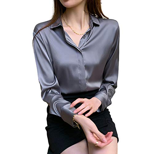 X-xyA Blusa de satén de Seda para Mujer Nueva Primavera Suelta Manga Larga Camisa de satén,Gris,M