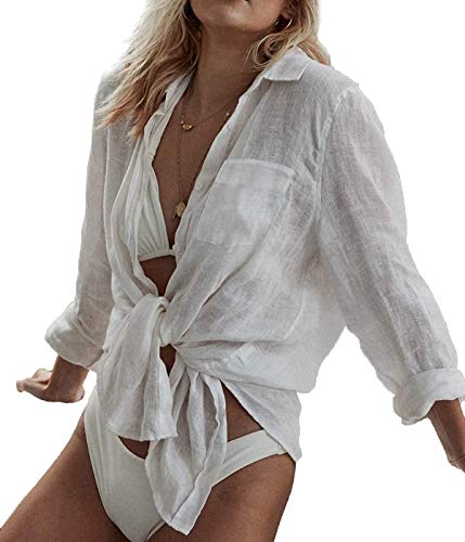 Xinlong Traje de baño para mujer, cubre bikini, camisa, camiseta de estilo tunic para playa, vacaciones, verano Color blanco. Talla única