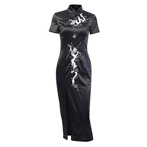 Xinvivion Mujeres Chino Tradicional Cheongsam Negro Gótico Vestido de Fiesta Sexy Bordado Qipao