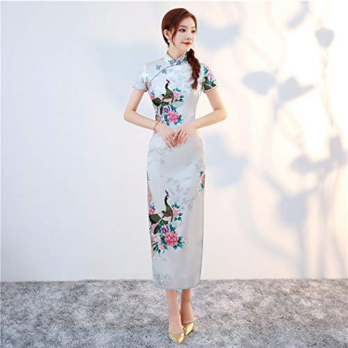 Xinvivion Vestido Chino de Cheongsam para Mujeres - Vestido Chino de la Mujer de Manga Corta Collar de Alta Hendidura Impresión Qipao Fiesta de Bodas Noche de Vestir