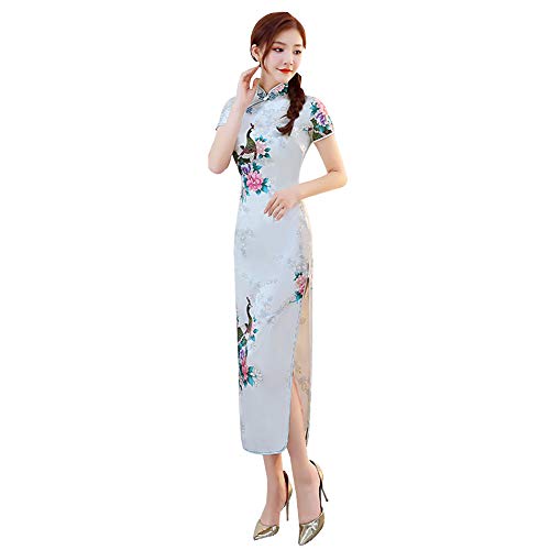 Xinvivion Vestido Chino de Cheongsam para Mujeres - Vestido Chino de la Mujer de Manga Corta Collar de Alta Hendidura Impresión Qipao Fiesta de Bodas Noche de Vestir