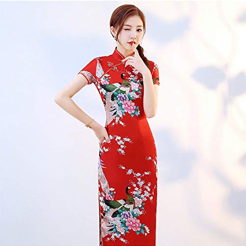 Xinvivion Vestido Chino de Cheongsam para Mujeres - Vestido Chino de la Mujer de Manga Corta Collar de Alta Hendidura Impresión Qipao Fiesta de Bodas Noche de Vestir