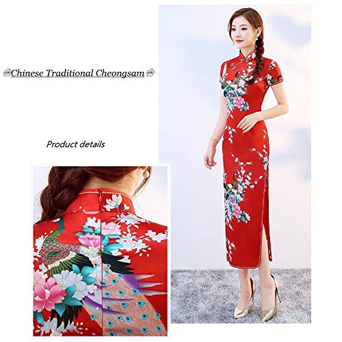 Xinvivion Vestido Chino de Cheongsam para Mujeres - Vestido Chino de la Mujer de Manga Corta Collar de Alta Hendidura Impresión Qipao Fiesta de Bodas Noche de Vestir
