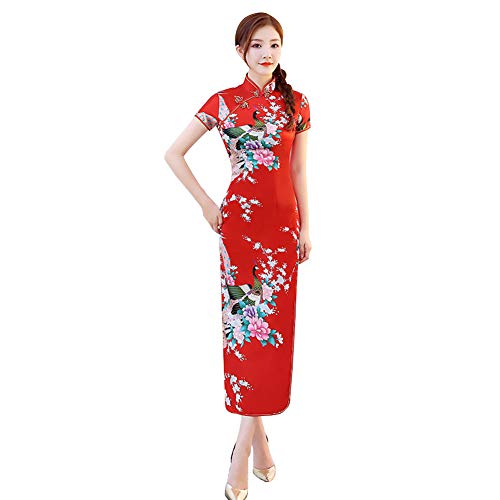 Xinvivion Vestido Chino de Cheongsam para Mujeres - Vestido Chino de la Mujer de Manga Corta Collar de Alta Hendidura Impresión Qipao Fiesta de Bodas Noche de Vestir