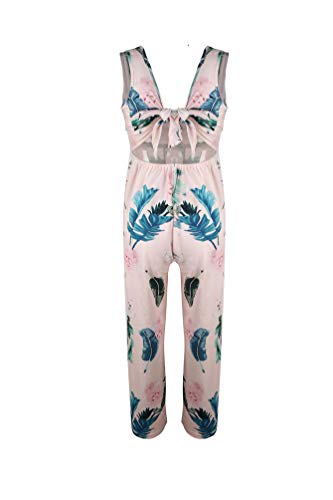 Xinwcang Mono Impresión Floral BacklessMujer Fiesta Elegante Tirantes Monos De Vestir con Abertura V Cuello Beach Boho Jumpsuit Pink S