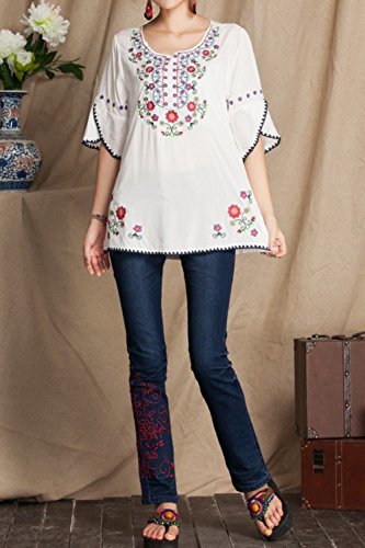 XuyIeY Blusa de manga 3/4 para mujer bordada Folk Custom Top Bohemia Blusas Túnica