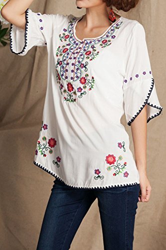 XuyIeY Blusa de manga 3/4 para mujer bordada Folk Custom Top Bohemia Blusas Túnica