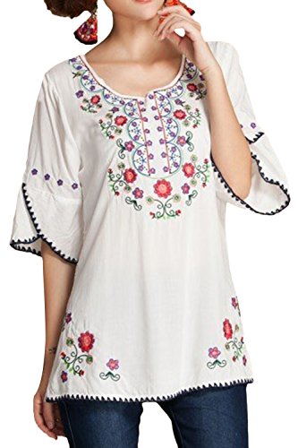 XuyIeY Blusa de manga 3/4 para mujer bordada Folk Custom Top Bohemia Blusas Túnica
