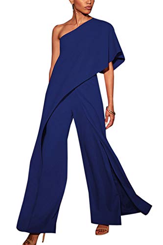 YACUN Mono Largo Mujer Fiesta Verano de un Hombro sin Mangas Pantalones Largos Pierna Ancha Cintura Alta Causal Elegante Azul L