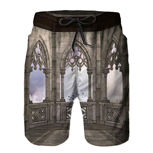 YANAIX Hombres Playa Bañador Shorts,Balcón de Piedra Medieval con Curvas Diseño gráfico Historia mística de la Leyenda de la Edad Media,Traje de baño con Forro de Malla de Secado rápido L
