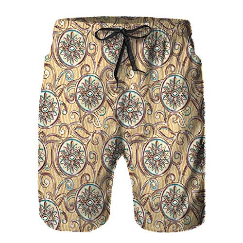 YANAIX Hombres Playa Bañador Shorts,Sepia sin Fisuras patrón Medieval diseño étnico,Traje de baño con Forro de Malla de Secado rápido XL