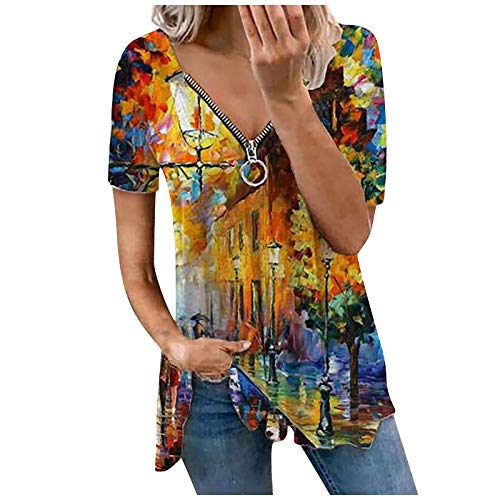 YANFANG 2021 Camisetas Manga Corta Mujer,Blusa Sin Mangas con Cuello En V De Cremallera Estampada Moda Casual para Mujer,Nikis Hombre,Casual Tallas Grandes Camiseta Blusas Tops