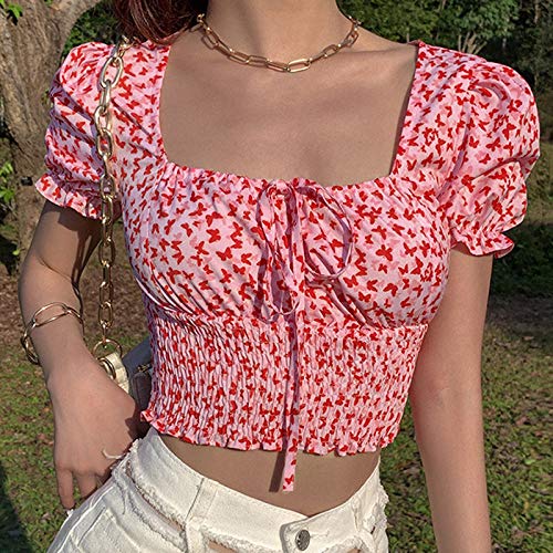 YANFANG Blusa Floral Delgada con Cuello Cuadrado y Estampado de Mariposas para Mujer,Camisas Blusas Tops Elegantes Casual Túnica Jersey T Shirt Tallas Grandes