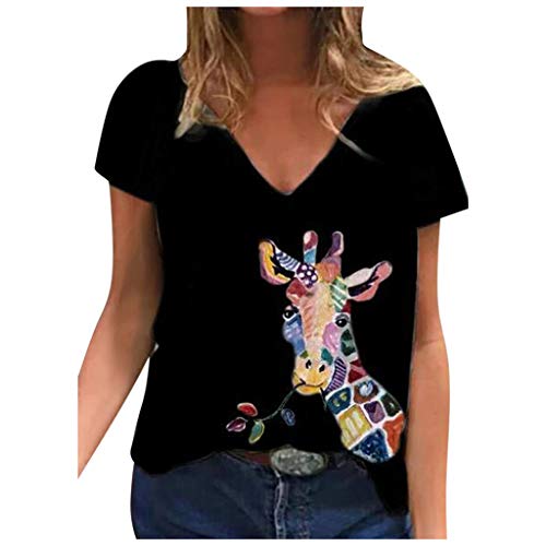 YANFANG Blusa para Mujer Holgada con Estampado de Mariposas de Moda de Verano con Cuello en V Profundo Talla Grande de Manga Corta Casual Adolescente Camiseta (3XL, Black02081)