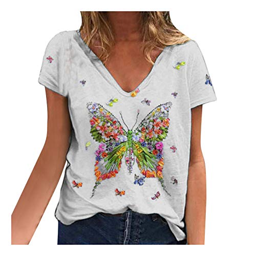 YANFANG Blusa para Mujer Holgada con Estampado de Mariposas de Moda de Verano con Cuello en V Profundo Talla Grande de Manga Corta Casual Adolescente Camiseta