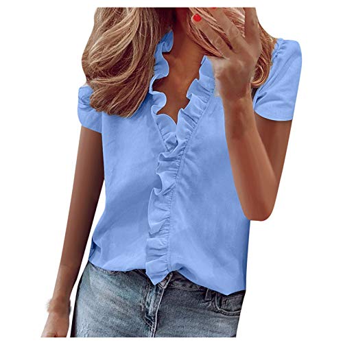 YANFANG Blusas de Mujer Elegantes,Camiseta Casual de Manga Corta con Encaje de Moda para Mujer Top de Color s贸lido con Cuello en V