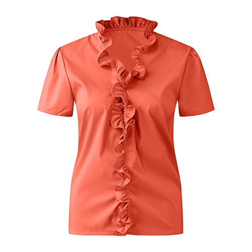 YANFANG Blusas de Mujer Elegantes,Camiseta Casual de Manga Corta con Encaje de Moda para Mujer Top de Color s贸lido con Cuello en V