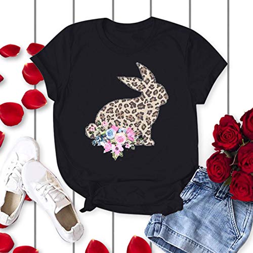 YANFANG Camiseta de Manga Corta con Estampado de Pascua de Moda para Mujer,túnica para Mujer, Ajuste Delgado, Informal, con puños elásticos,, L,Black