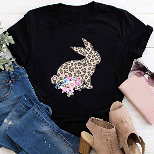 YANFANG Camiseta de Manga Corta con Estampado de Pascua de Moda para Mujer,túnica para Mujer, Ajuste Delgado, Informal, con puños elásticos,, L,Black