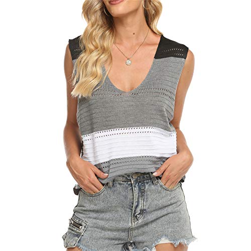 YANFANG Camiseta Mujer Manga Corta Barata,Mujeres Atractivas con Cuello En V Sin Mangas Patchwork Camisola Chaleco A Rayas Tops Blusa FáCil, Tallas Grandes,Camisetas Verano Negro,Gris,Naranja,S-XXL