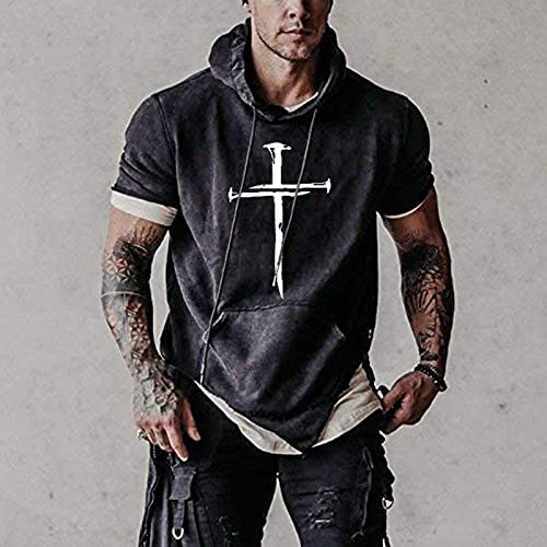 YANFANG Sudadera con Capucha Informal Estampado Cruzado De Manga Corta para Hombre Gym Fitness Blusa,Camiseta Deporte,Camisetas Algodon,Camisetas Originales,Negro,M