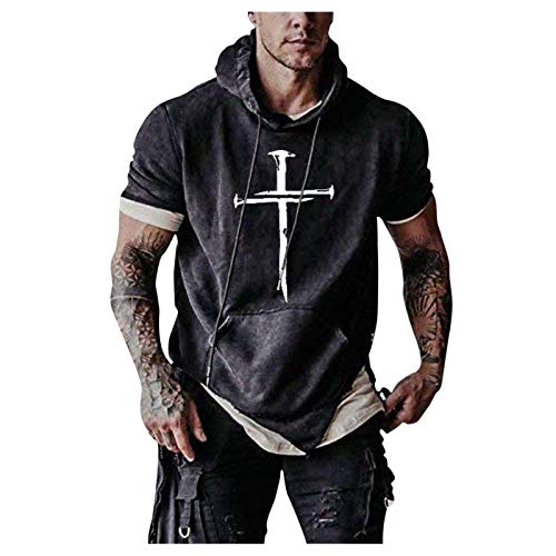 YANFANG Sudadera con Capucha Informal Estampado Cruzado De Manga Corta para Hombre Gym Fitness Blusa,Camiseta Deporte,Camisetas Algodon,Camisetas Originales,Negro,M
