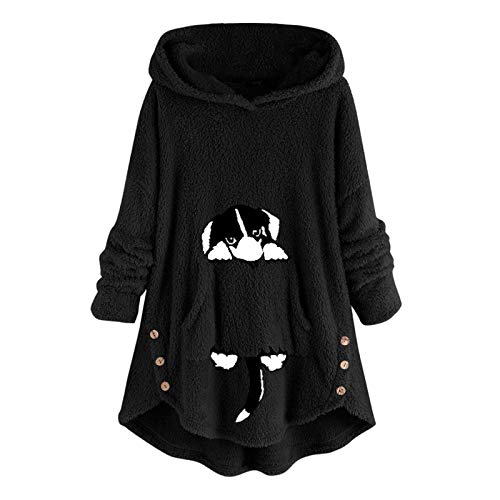 YANFANG Sudadera con Capucha para Mujer Abrigo Chaqueta Caliente y Esponjoso Flannel Tipo Manta Mujeres Fleece Bordado Oreja de Gato Tallas grandesBolsillo Superior Suéter Blusa