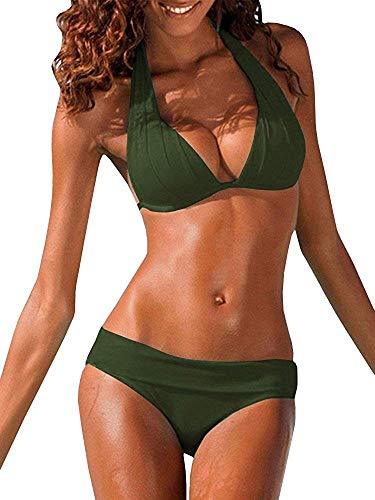 Ybenlover - Bikini push up para mujer, con soporte en el cuello, bañador sexy Verde militar. L