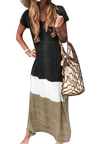 Yesgirl Mujeres Boho Vestido Verano Elegante Casual Playa Cuello V Manga Corta Largos Verano Suelto Maxi Vestido Playeros A Negro Medium