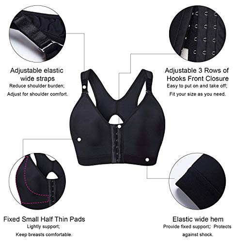 YIANNA Mujer Cierre Delantero Sujetadores Deportivos Post Operatorio con Soporte de Espalda Sin Costura Negro, 128 Size M