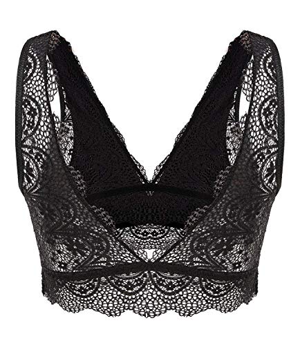 YIANNA Mujer Sujetador Encaje sin Aros Lace Bralette sin Relleno Sujetadores Comfort Bra Top de Negro, 8336 Size L