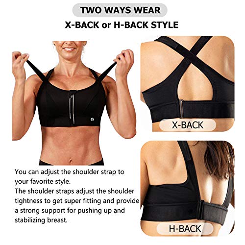 YIANNA Sujetador Deportivo Mujer con Relleno Cierre Frontal Tallas Grandes Alto Impacto sin Aros Yoga Sports Bra Negro,YA151-Size XXL