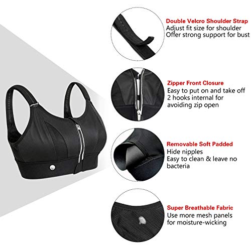 YIANNA Sujetador Deportivo Mujer con Relleno Cierre Frontal Tallas Grandes Alto Impacto sin Aros Yoga Sports Bra Negro,YA151-Size XXL