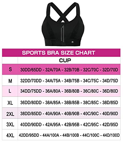 YIANNA Sujetador Deportivo Mujer con Relleno Cierre Frontal Tallas Grandes Alto Impacto sin Aros Yoga Sports Bra Negro,YA151-Size XXL