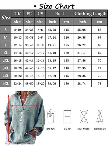Yidarton - Blusa de mujer de manga larga, informal, cuello en V, túnica, de algodón, tallas grandes, camisa de lino marine XL