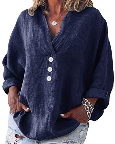 Yidarton - Blusa de mujer de manga larga, informal, cuello en V, túnica, de algodón, tallas grandes, camisa de lino marine XL