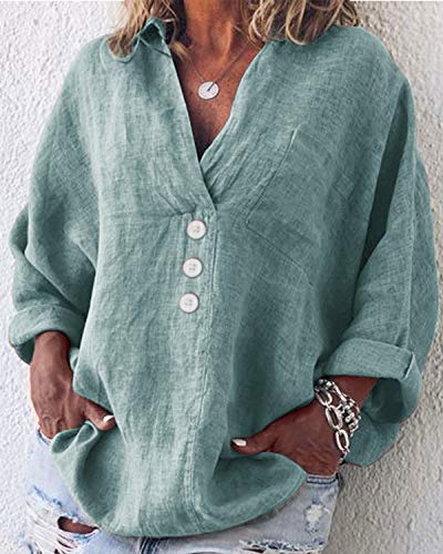 Yidarton - Blusa de mujer de manga larga, informal, cuello en V, túnica, de algodón, tallas grandes, camisa de lino verde L