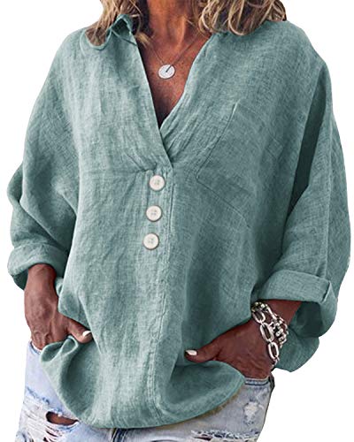 Yidarton - Blusa de mujer de manga larga, informal, cuello en V, túnica, de algodón, tallas grandes, camisa de lino verde L