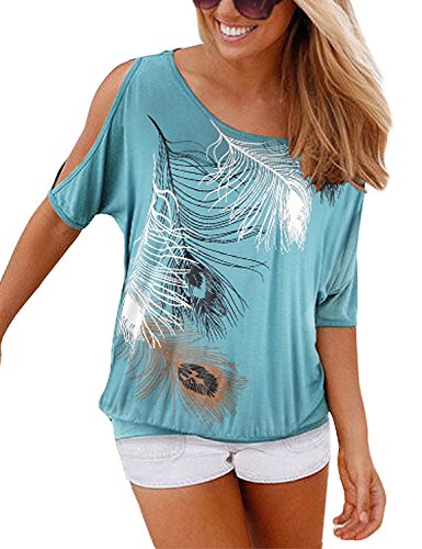 Yidarton Camisas Mujer Bluas de Mujer Elegante Manga Corta con Estampado de Plumas Tops Casual Fiesta T-Shirt