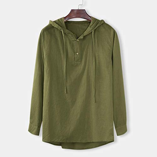 YiMiny - Camisa de lino para hombre con capucha 2019 para otoño, manga larga, color puro, para ocio, manga larga, ajuste cómodo, transpirable, para hombre verde XL