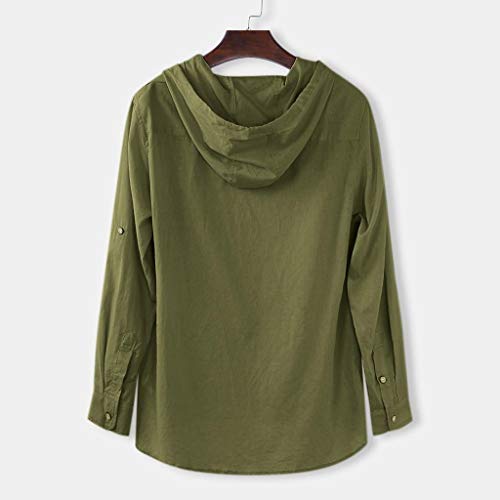 YiMiny - Camisa de lino para hombre con capucha 2019 para otoño, manga larga, color puro, para ocio, manga larga, ajuste cómodo, transpirable, para hombre verde XL