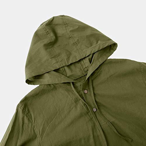 YiMiny - Camisa de lino para hombre con capucha 2019 para otoño, manga larga, color puro, para ocio, manga larga, ajuste cómodo, transpirable, para hombre verde XL