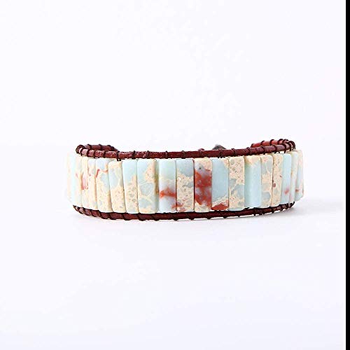 YMJJ Pulsera Bohemia Hecha A Mano Pulsera De Cuero con Brazalete De Jaspe De Piedra Natural Ajustable para Mujer - Joyería De Declaración De Muñeca De Abrigo Ancho