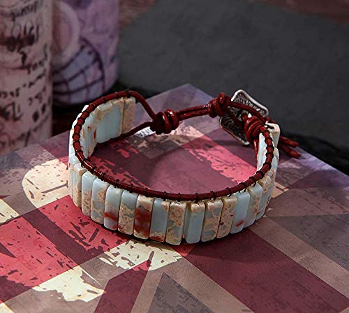 YMJJ Pulsera Bohemia Hecha A Mano Pulsera De Cuero con Brazalete De Jaspe De Piedra Natural Ajustable para Mujer - Joyería De Declaración De Muñeca De Abrigo Ancho