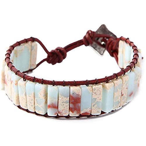 YMJJ Pulsera Bohemia Hecha A Mano Pulsera De Cuero con Brazalete De Jaspe De Piedra Natural Ajustable para Mujer - Joyería De Declaración De Muñeca De Abrigo Ancho