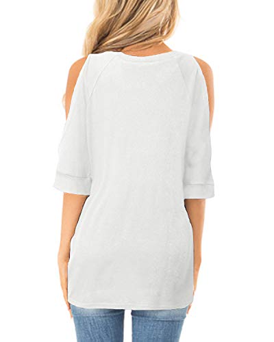 YOINS Blusa de manga corta con hombros descubiertos para mujer, estilo casual, cuello redondo, hombros descubiertos, color sólido