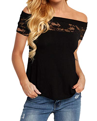 YOINS Blusa de manga corta para mujer, con hombros descubiertos, camiseta de manga larga, con encaje, camiseta informal