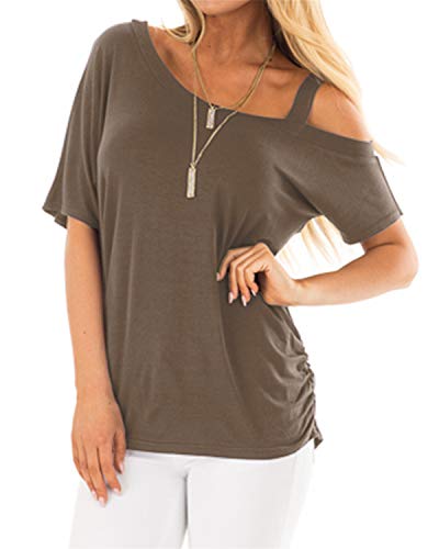 YOINS - Blusa de manga corta para mujer con un hombro descubierto - Camiseta de verano de estilo informal y de color liso